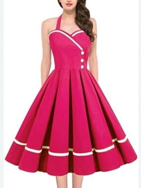 Halter Vintage Swing Dress in Hot Pink with White Trim